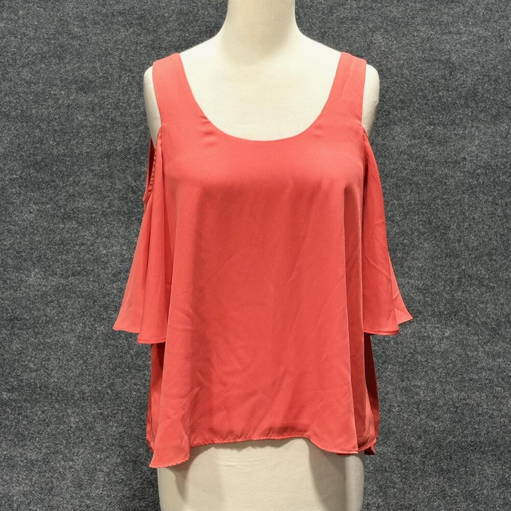 Chelsea28 Blouse Womens Small Pink Coral Cold Shoulder Chiffon Short Sleeve Top